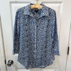 Talbots Linen blue & white floral 3/4 sleeve button down shirt XS